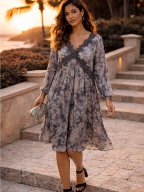 Culture Tie Dye Lace Dress Grey Black Medium Boho Chic Flowy Romantic Elegant